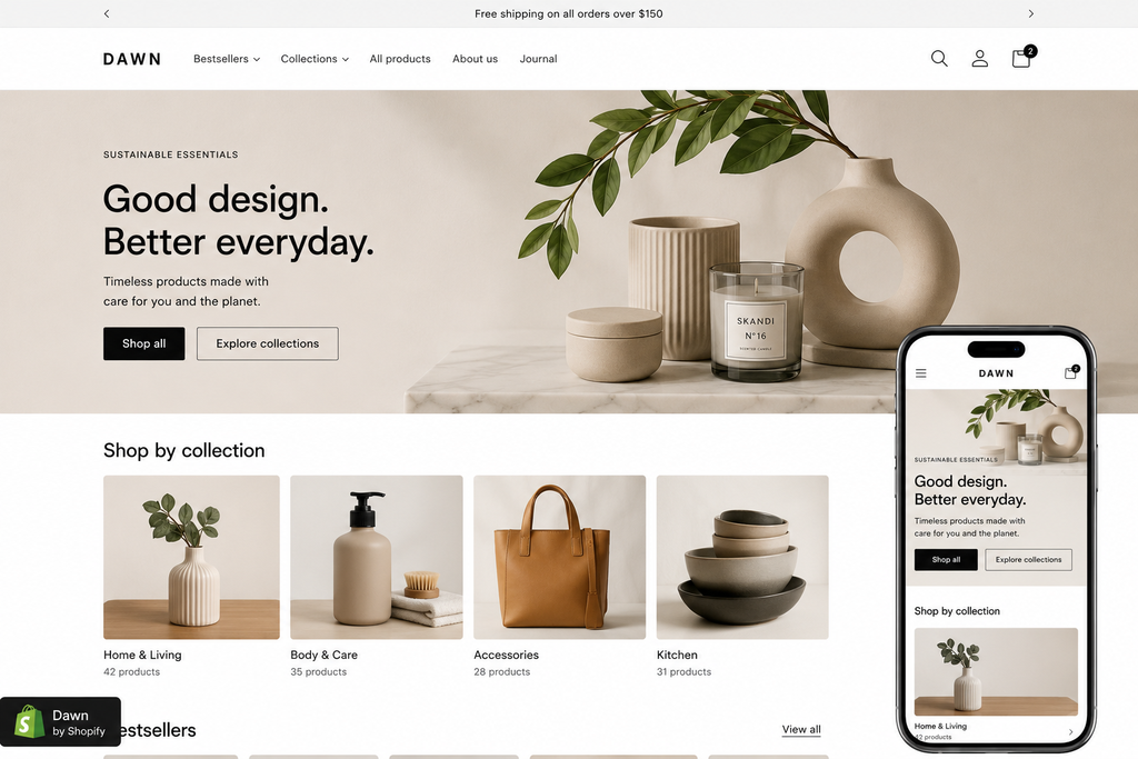 Shopify Dawn theme with a clean modern ecommerce design